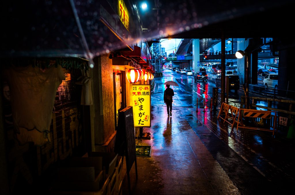 Night shot of an illuminated street in Japan