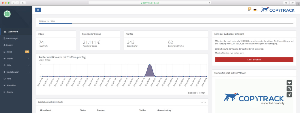 Screenshot COPYTRACK App Dashboard