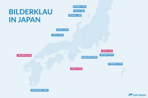 Grafik mit Übersicht "Top 10 Städte mit Bilderklau in Japan"