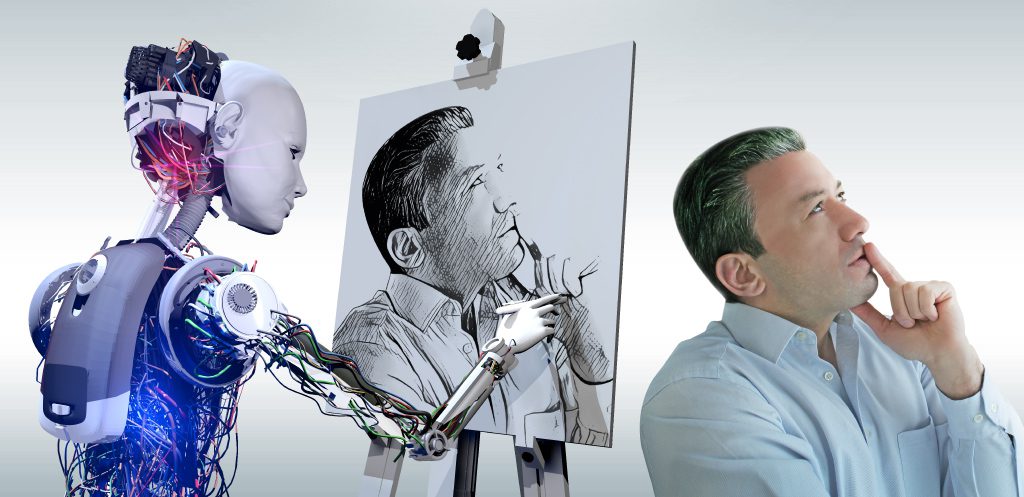 Roboter zeichnet Portrait von Person